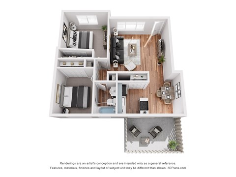 A 3D floor plan of a house with a kitchen, living room, and two bedrooms.